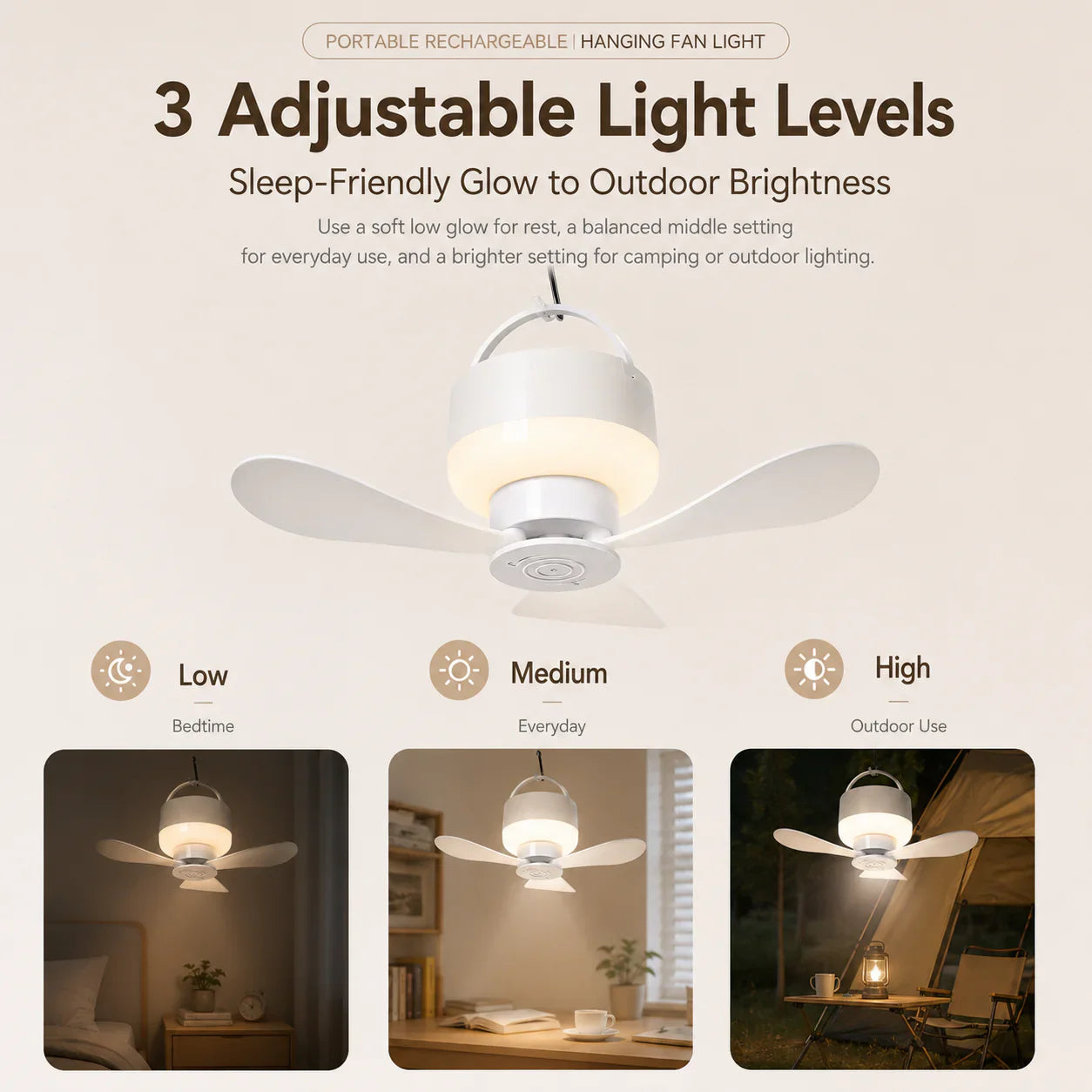 Portable Rechargeable Hanging Fan Light for Indoor & Outdoor Use