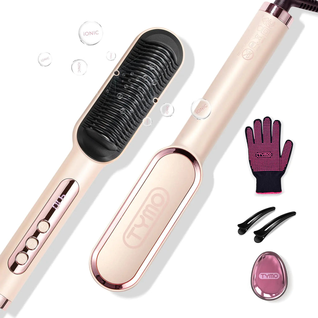 TYMO Ring Plus Ionic Hair Straightener Brush - Straightening Comb with Negative Ions for Women Titanium Coating 9 Temp Settings & LED Display Dual Voltage Professional Styling Tools Gold Blush
